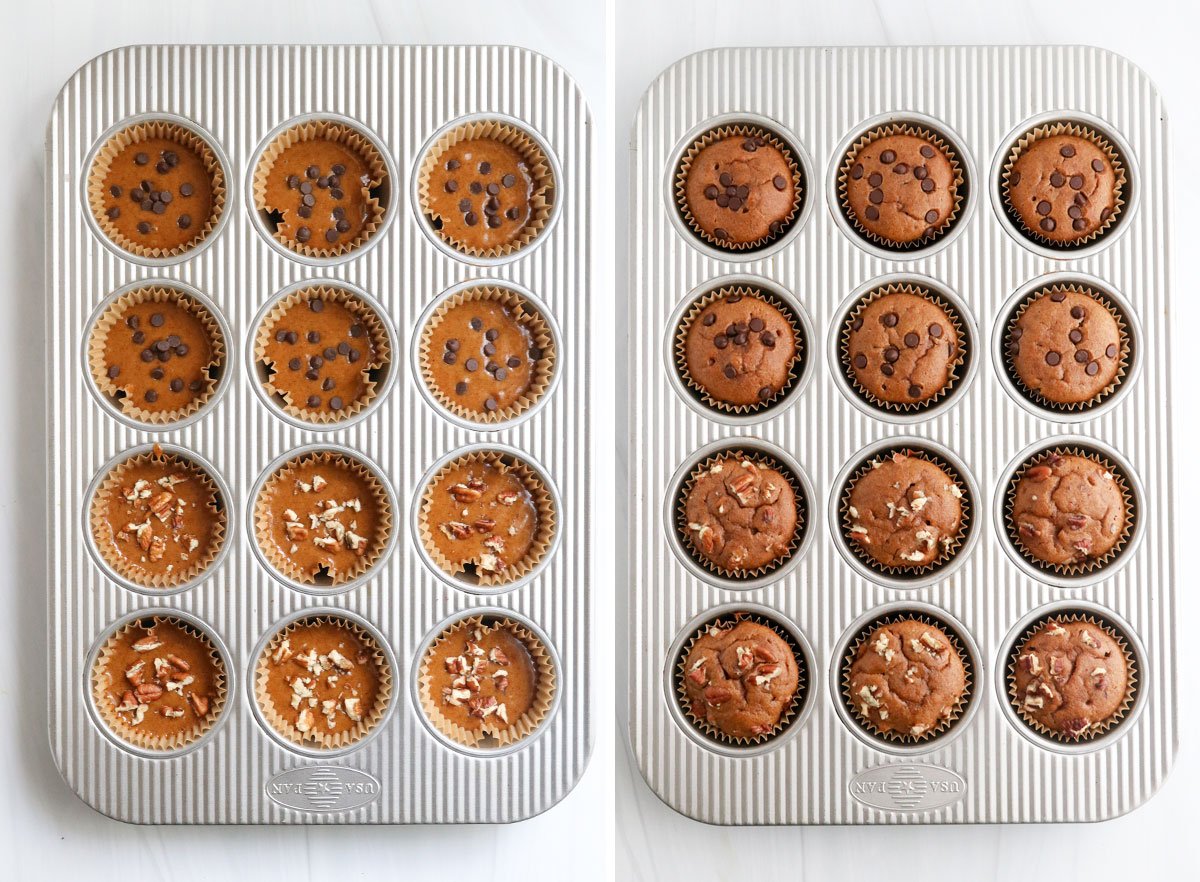 muffins before and after baking in pan