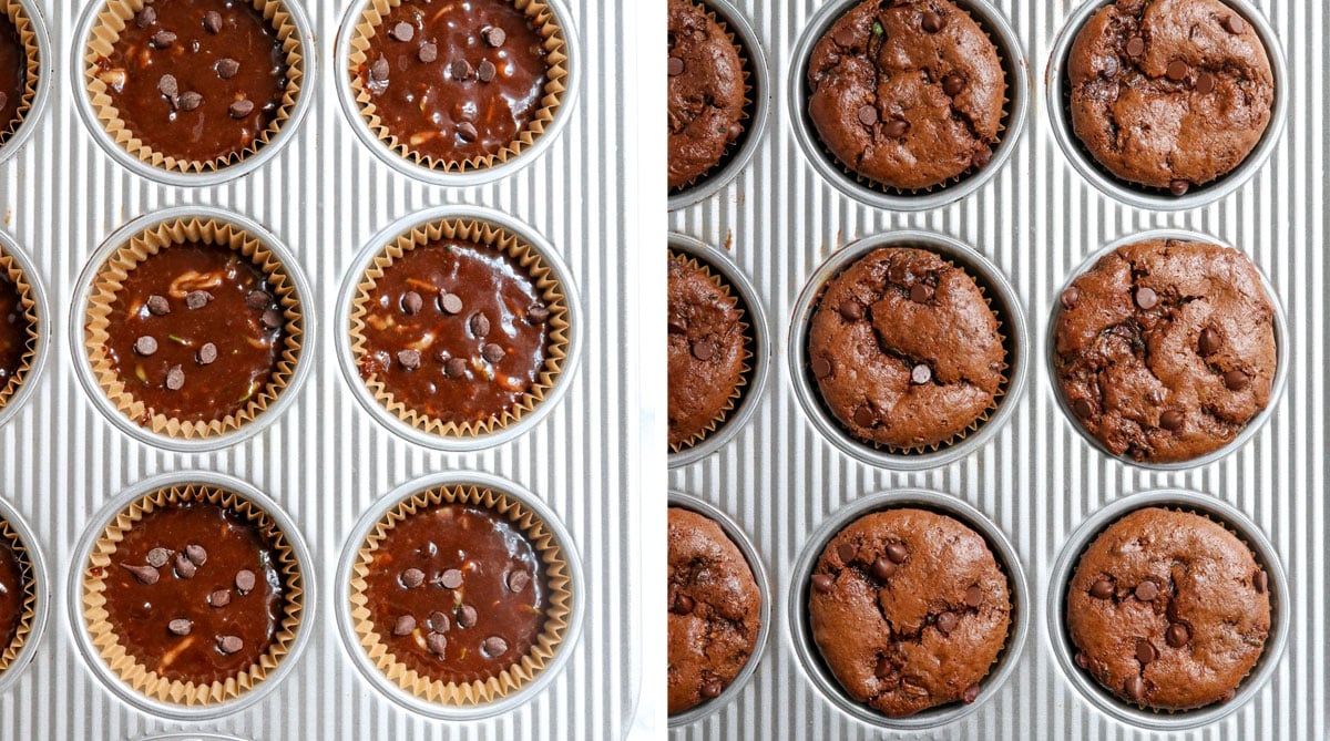 Chocolate zucchini muffins in pan before and after baking them.