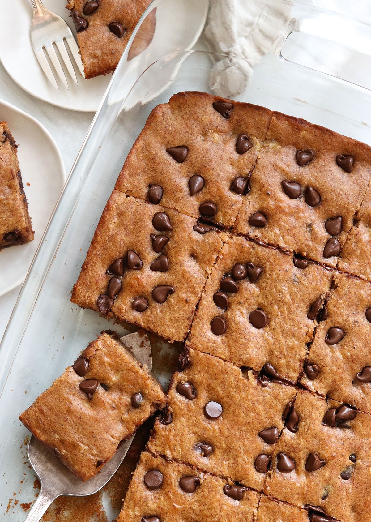 banana snack cake sliced in pan.