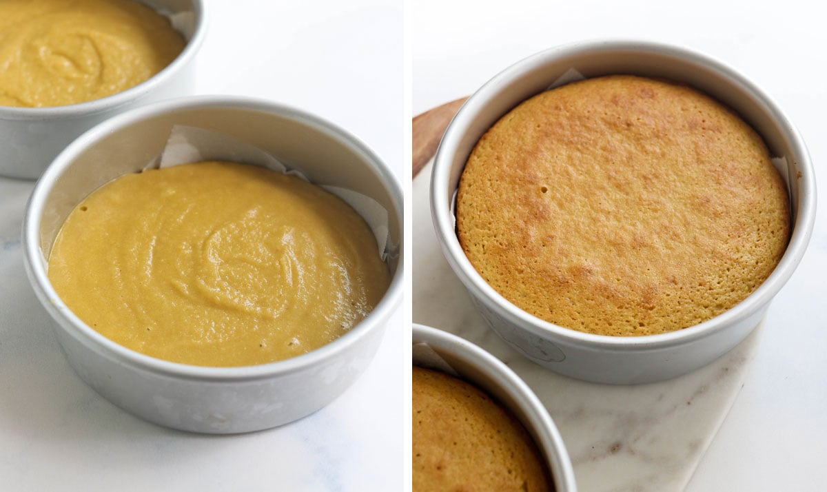 cake batter in two pans, before and after baking