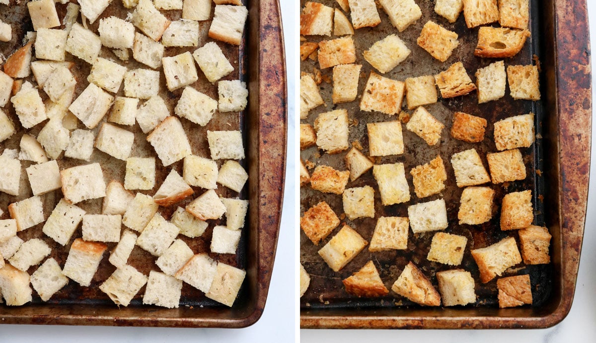 croutons on a pan before and after baking