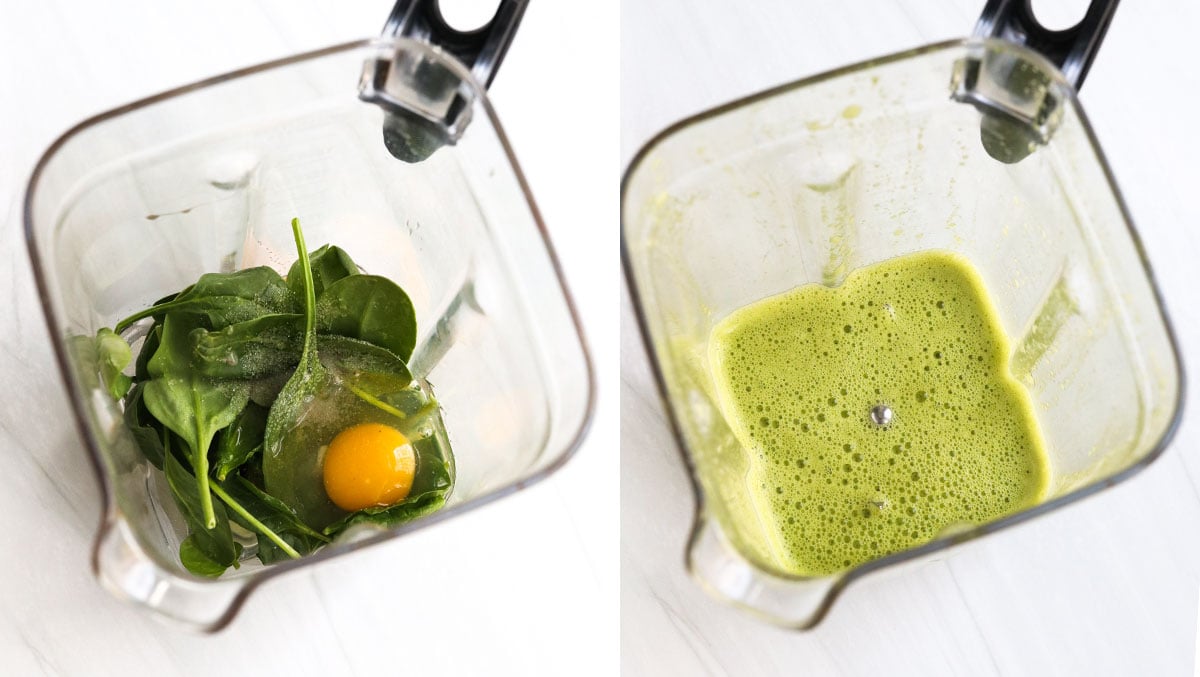 eggs and spinach blended together in pitcher.
