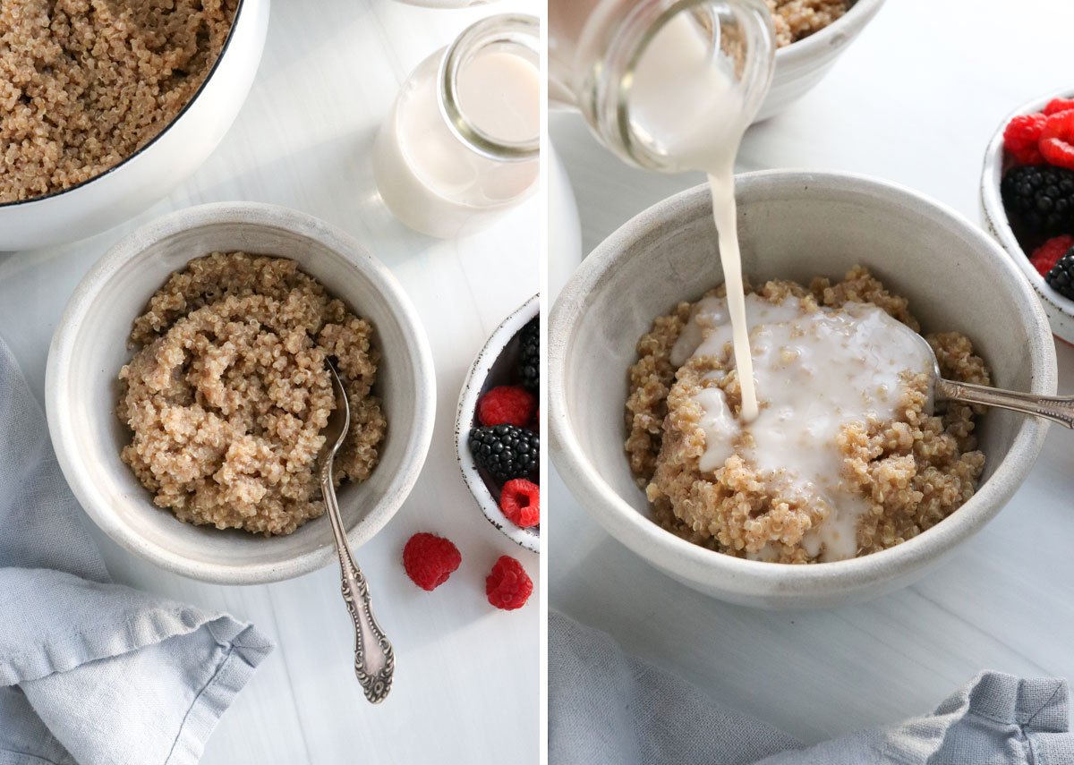 quinoa porridge served in a white bowl with extra milk.