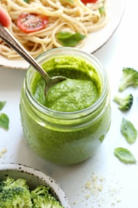 broccoli pesto in jar with spoon