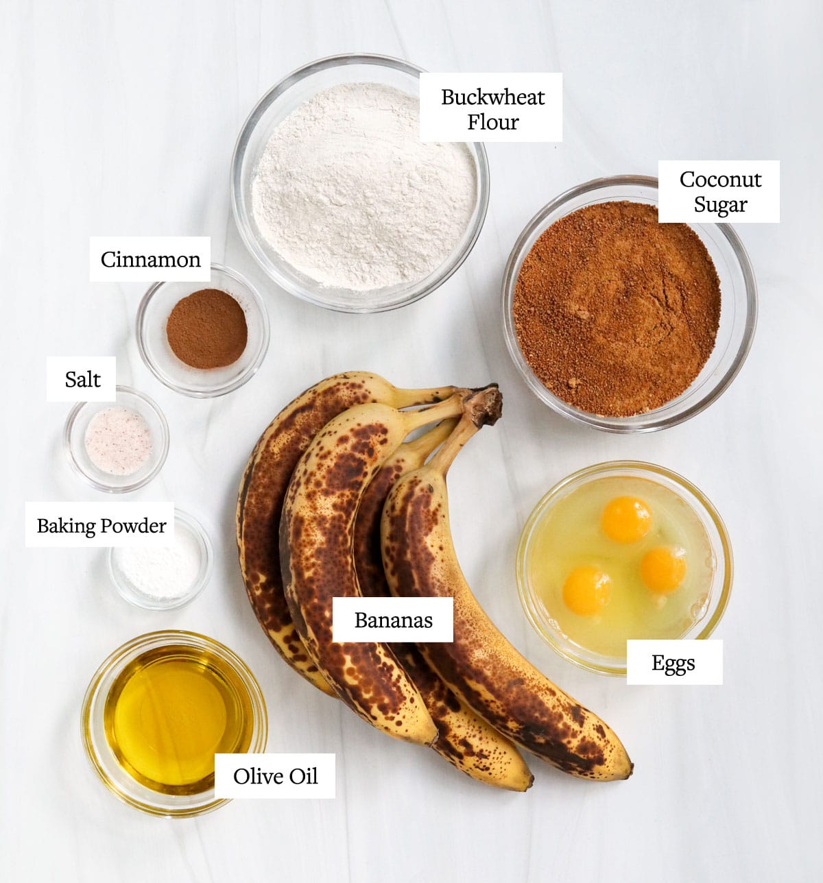 buckwheat banana bread ingredients labeled on white.