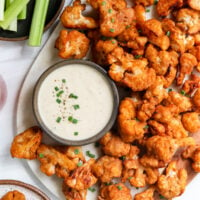 buffalo cauliflower served with blue cheese dip.