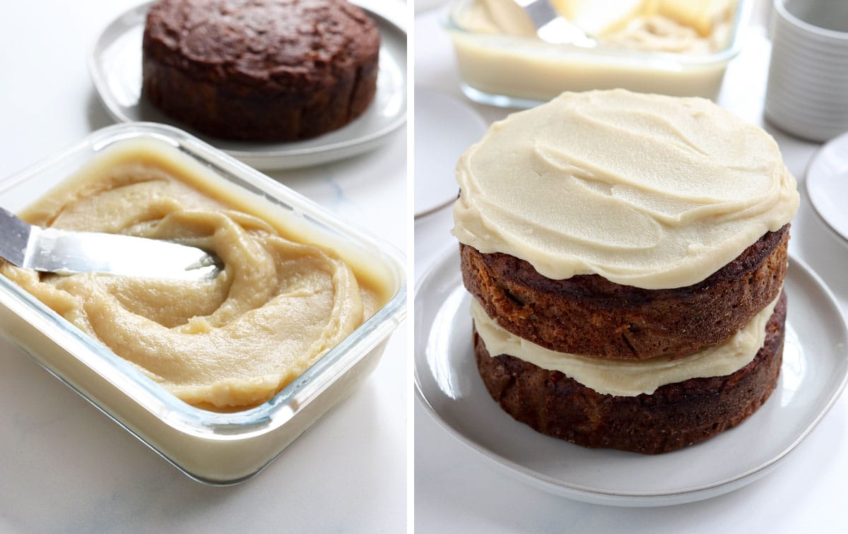 container of sweet potato frosting and it going on the cake