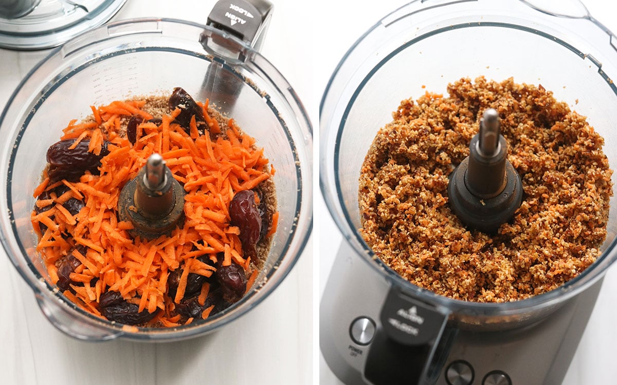 carrots and dates added to the food processor and mixed.