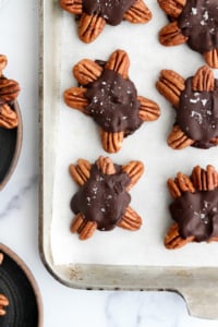 chocolate turtles on parchment paper