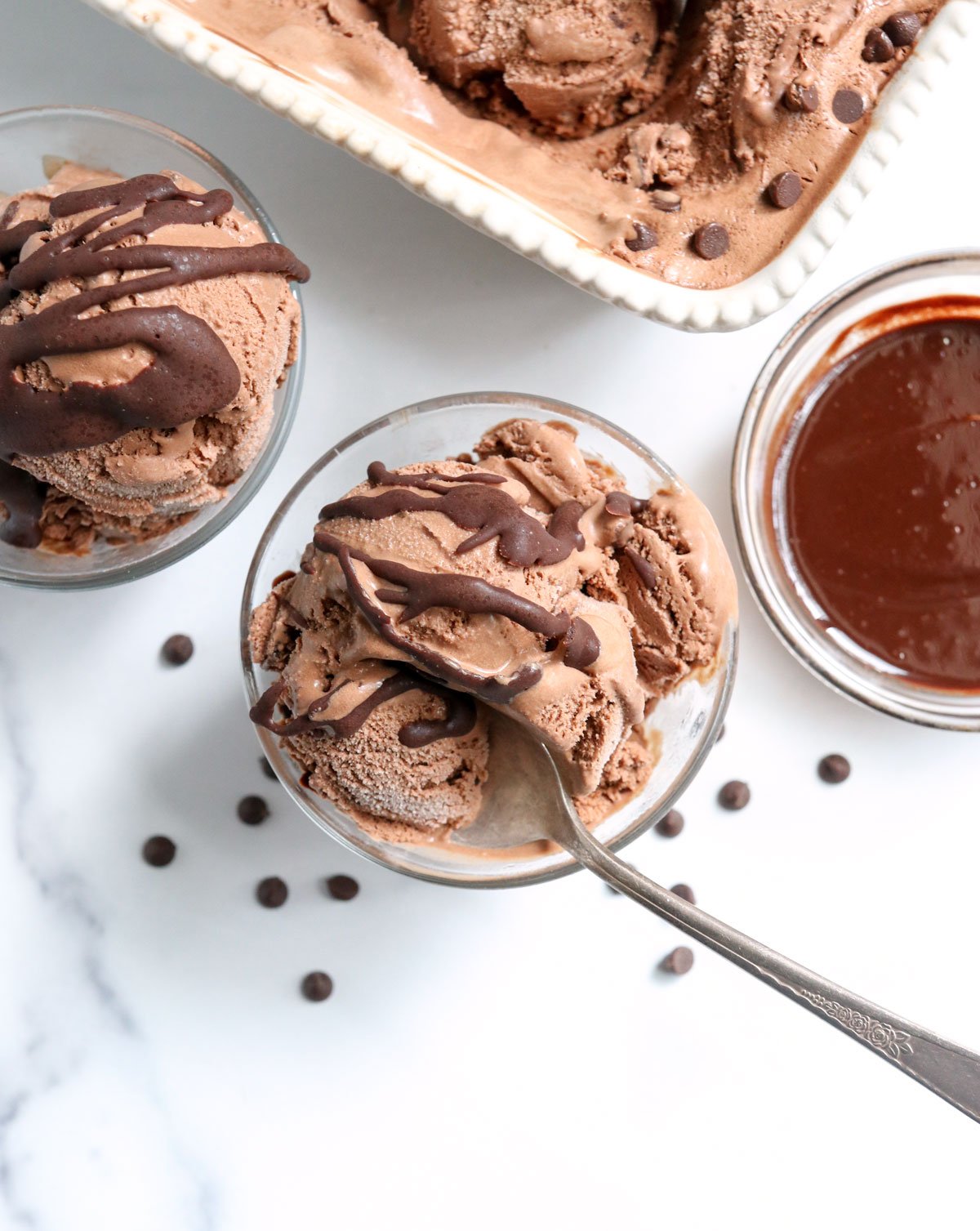 chocolate coconut milk ice cream in two dishes overhead