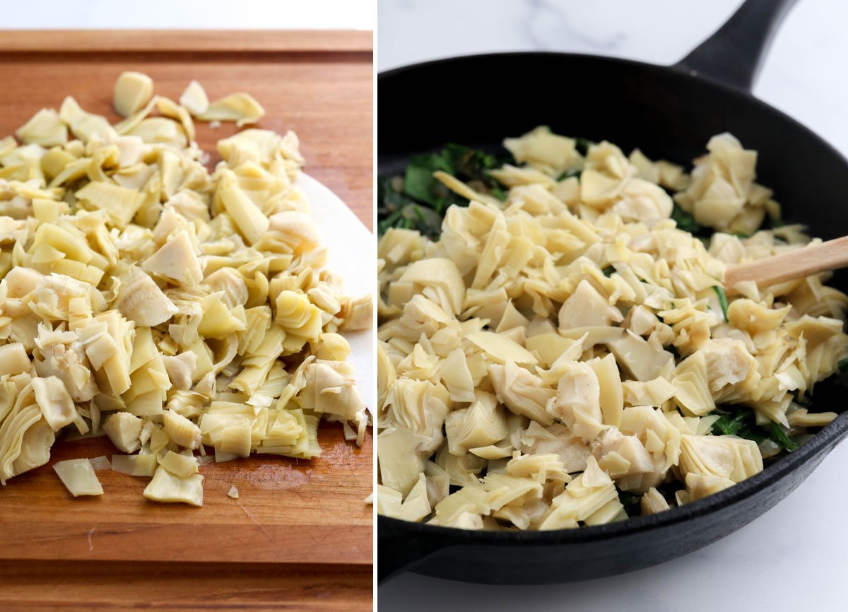 chopped artichokes added to skillet