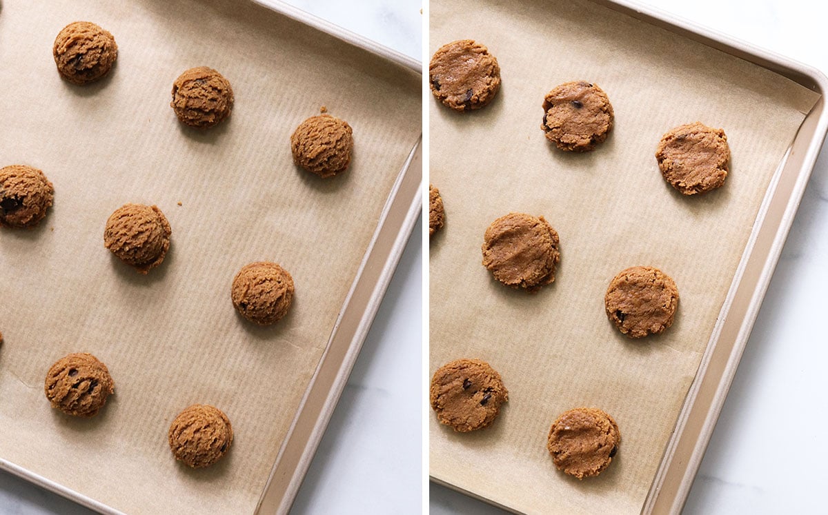 protein cookie dough flatted on baking sheet before baking.