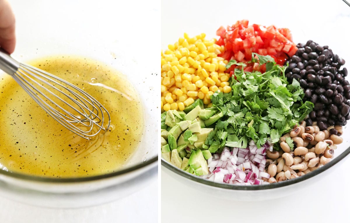 dressing and veggies in large bowl