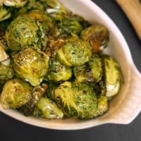 balsamic roasted brussels sprouts overhead in dish