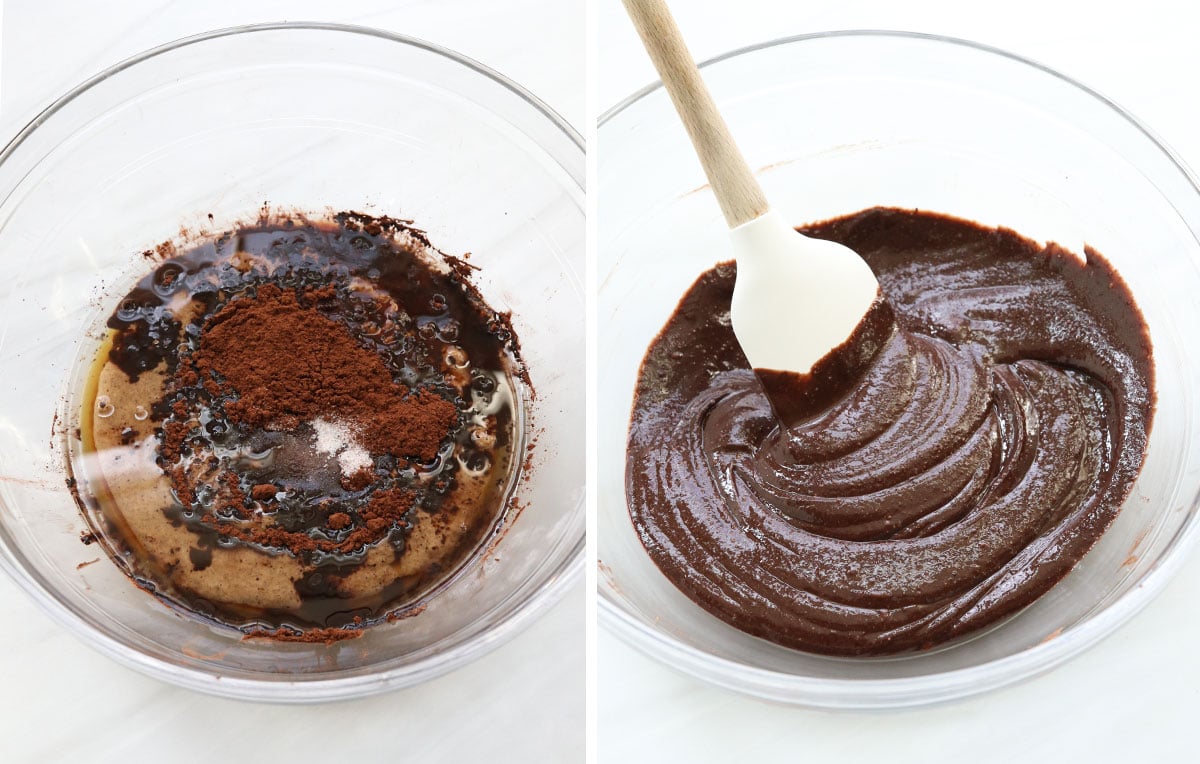 almond butter fudge ingredients mixed together in a glass bowl.