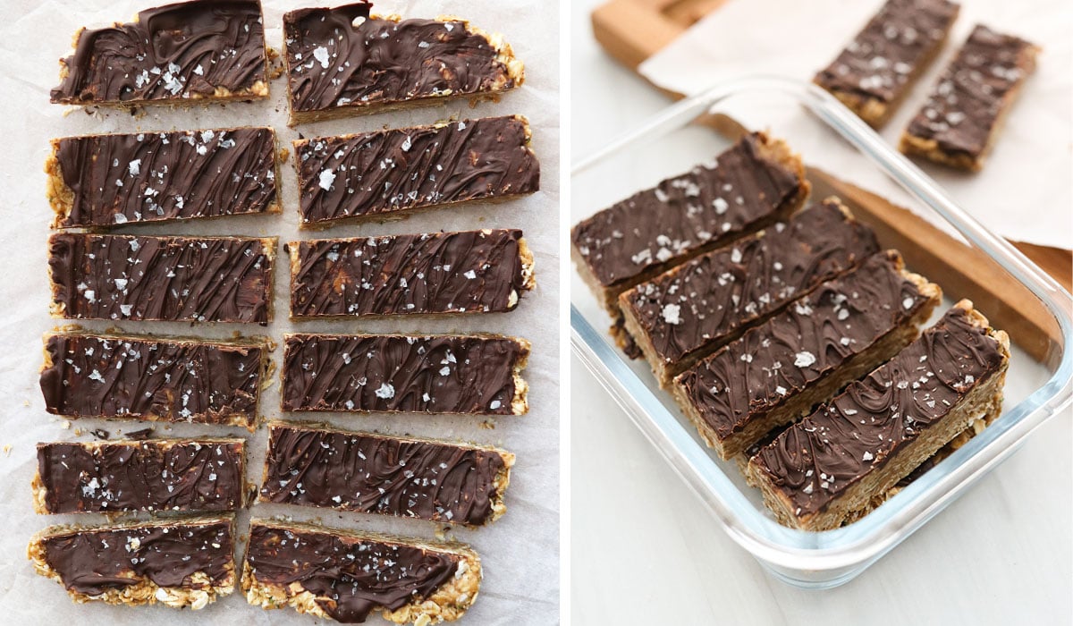 granola bars sliced and stored in glass container.