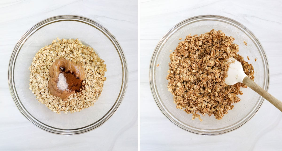 granola ingredients mixed together in glass bowls.