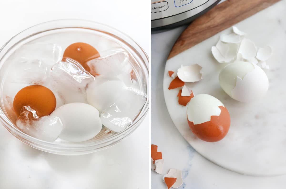 hard boiled eggs in a bowl of ice water and peeled