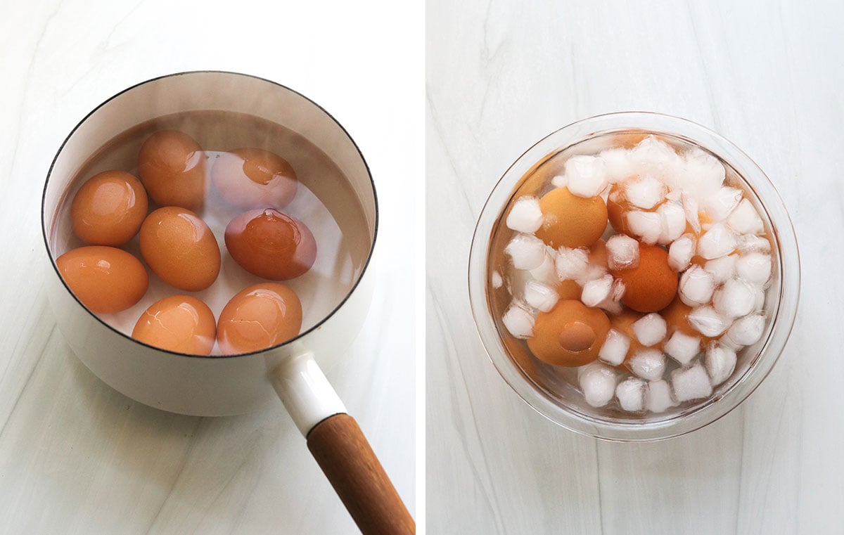 hard boiled eggs in saucepan and cooling in an ice bath.