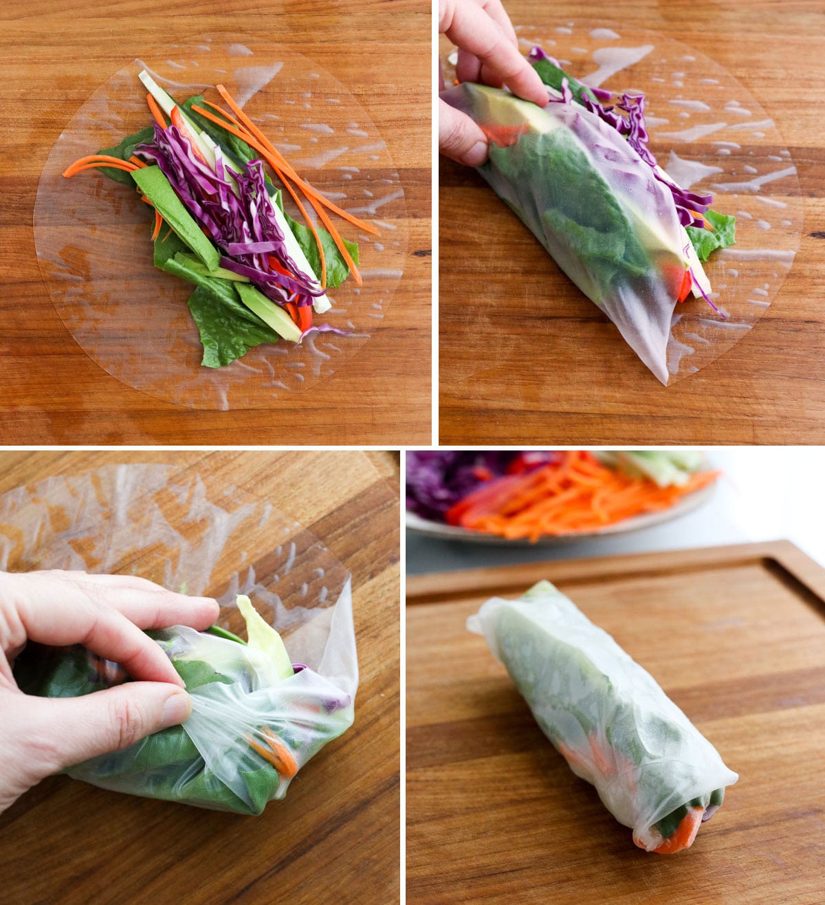 rolling a spring roll on cutting board