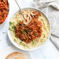 lentil bolognese over spaghetti noodles