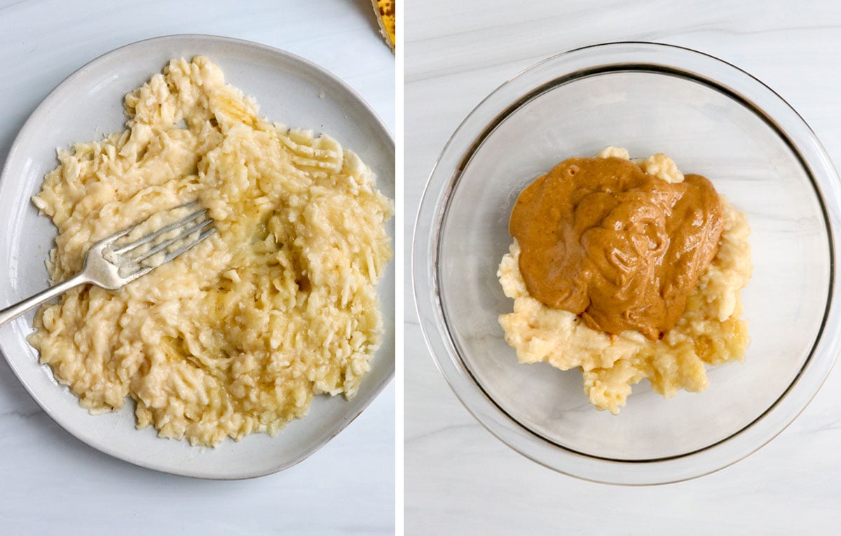 banana mashed on plate and added to mixing bowl.