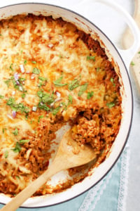 Mexican cauliflower rice casserole in cast iron pot