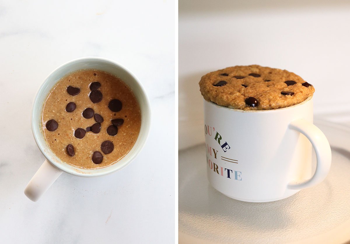 mug cake with toppings cooked in the microwave. 