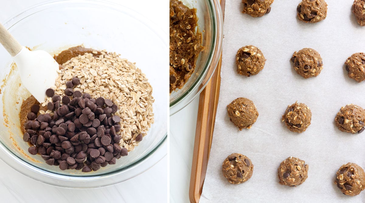 oats and chocolate chips added in and dough dropped on baking sheet.