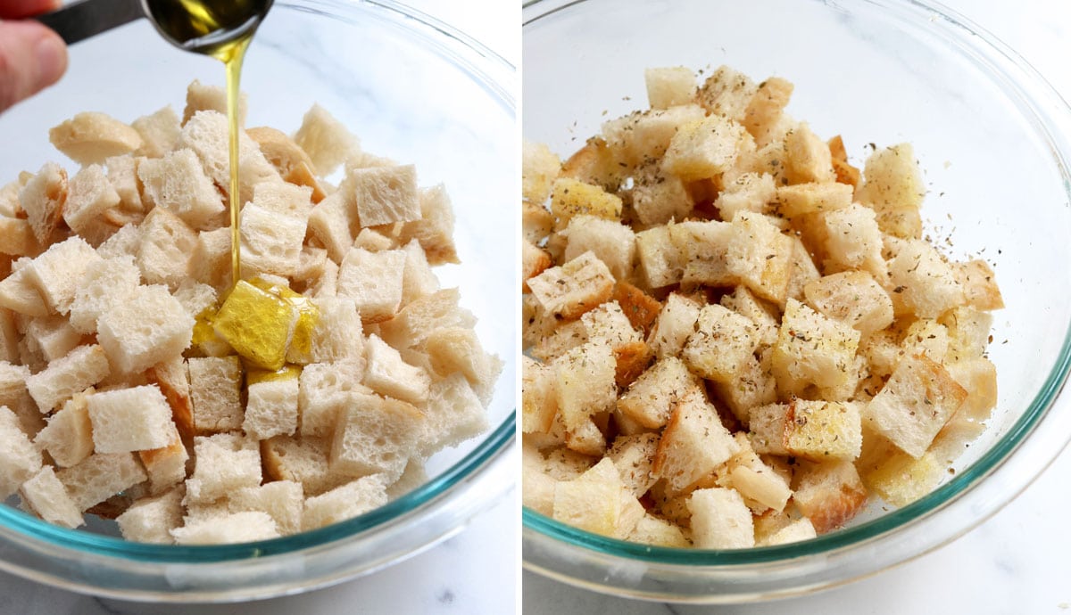 olive oil and seasonings added to croutons in bowl