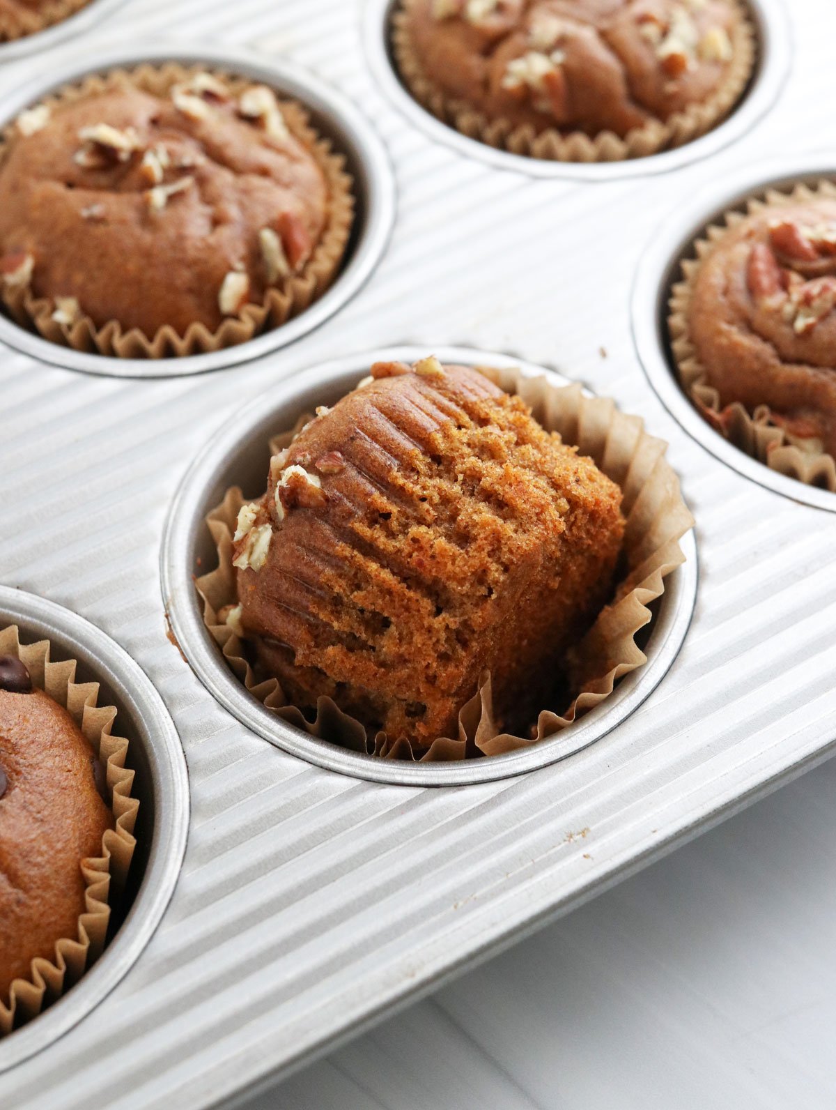 flourless muffin turned sideways in pan