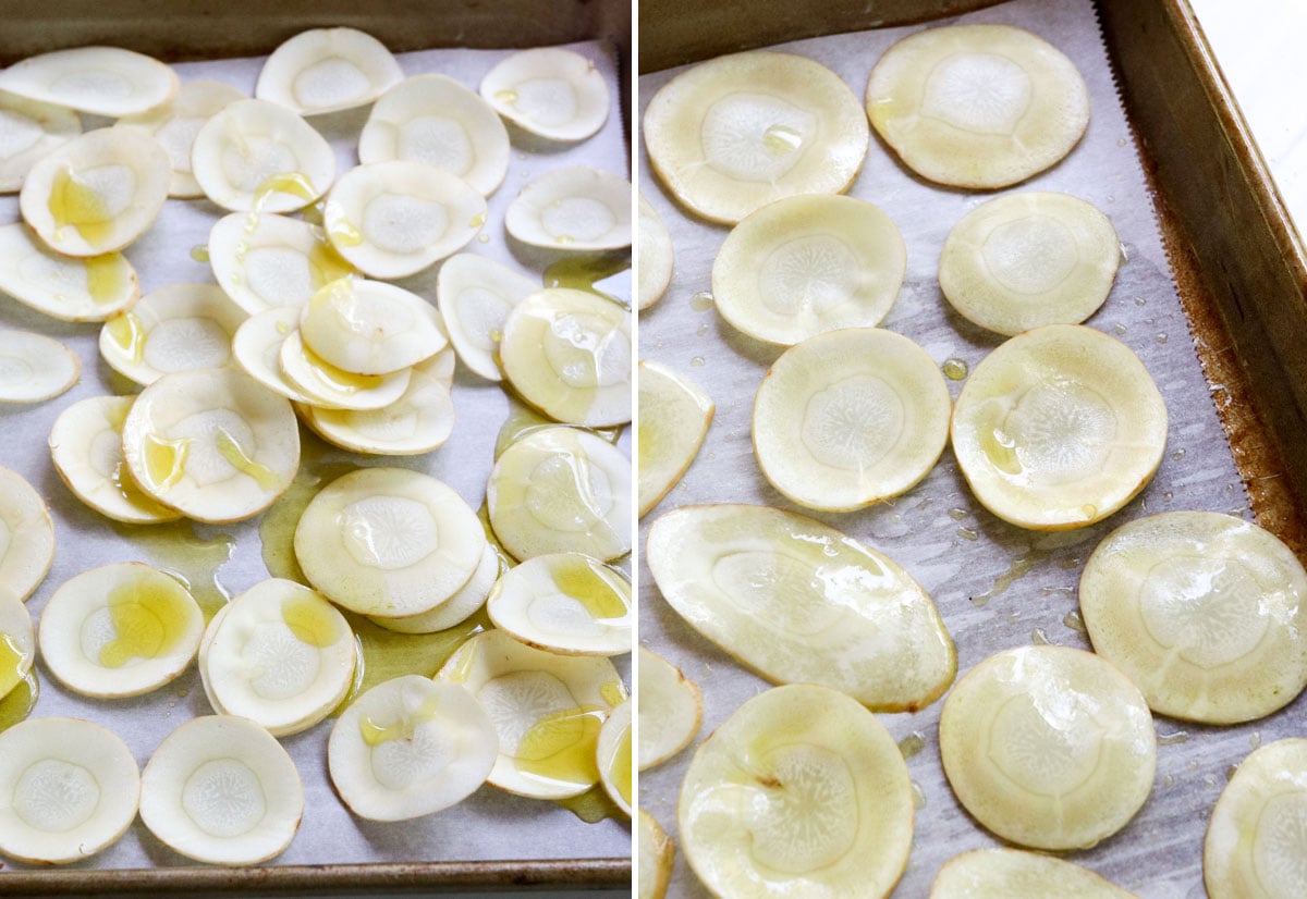 parsnip slices tossed with oil on a pan.