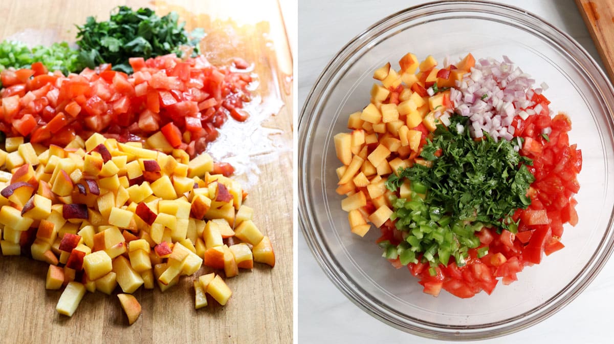 chopped peaches, tomatoes, and cilantro added to glass mixing bowl.