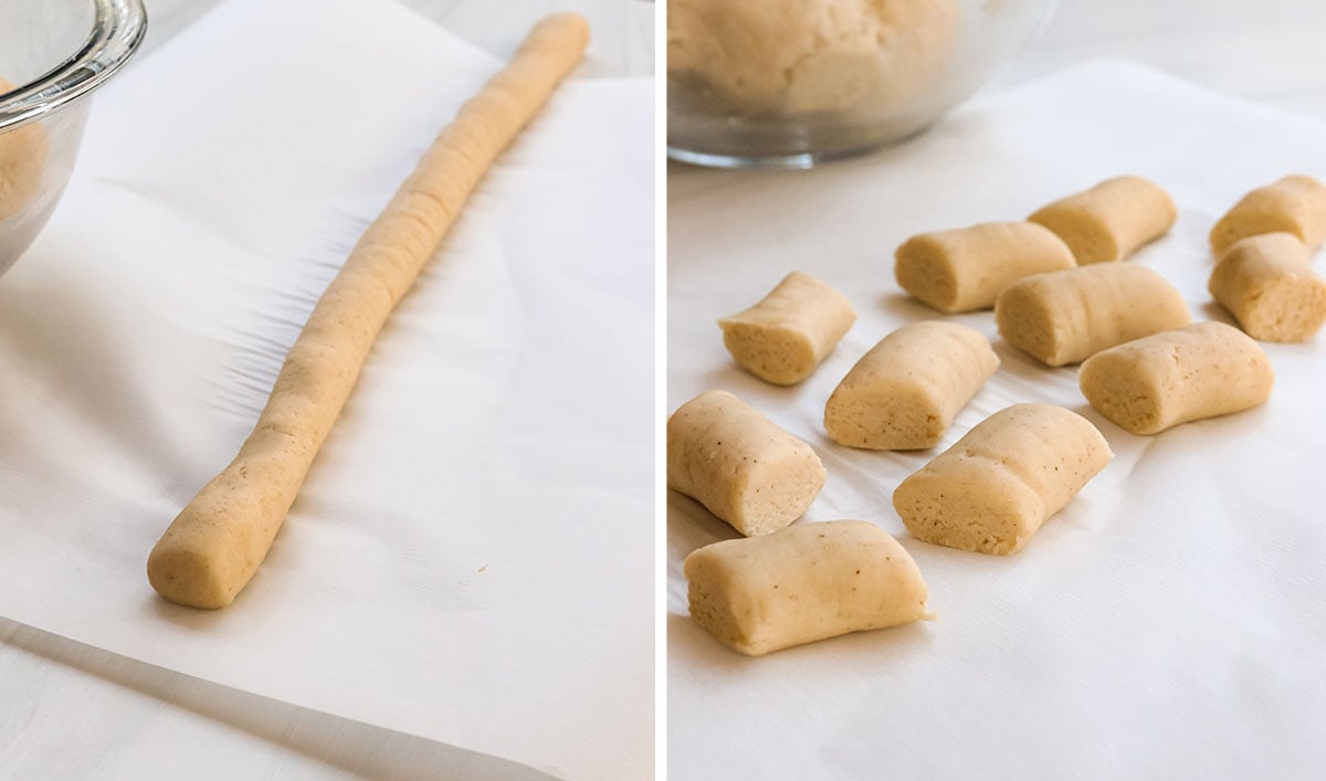 pretzel dough rolled and cut into small pieces.