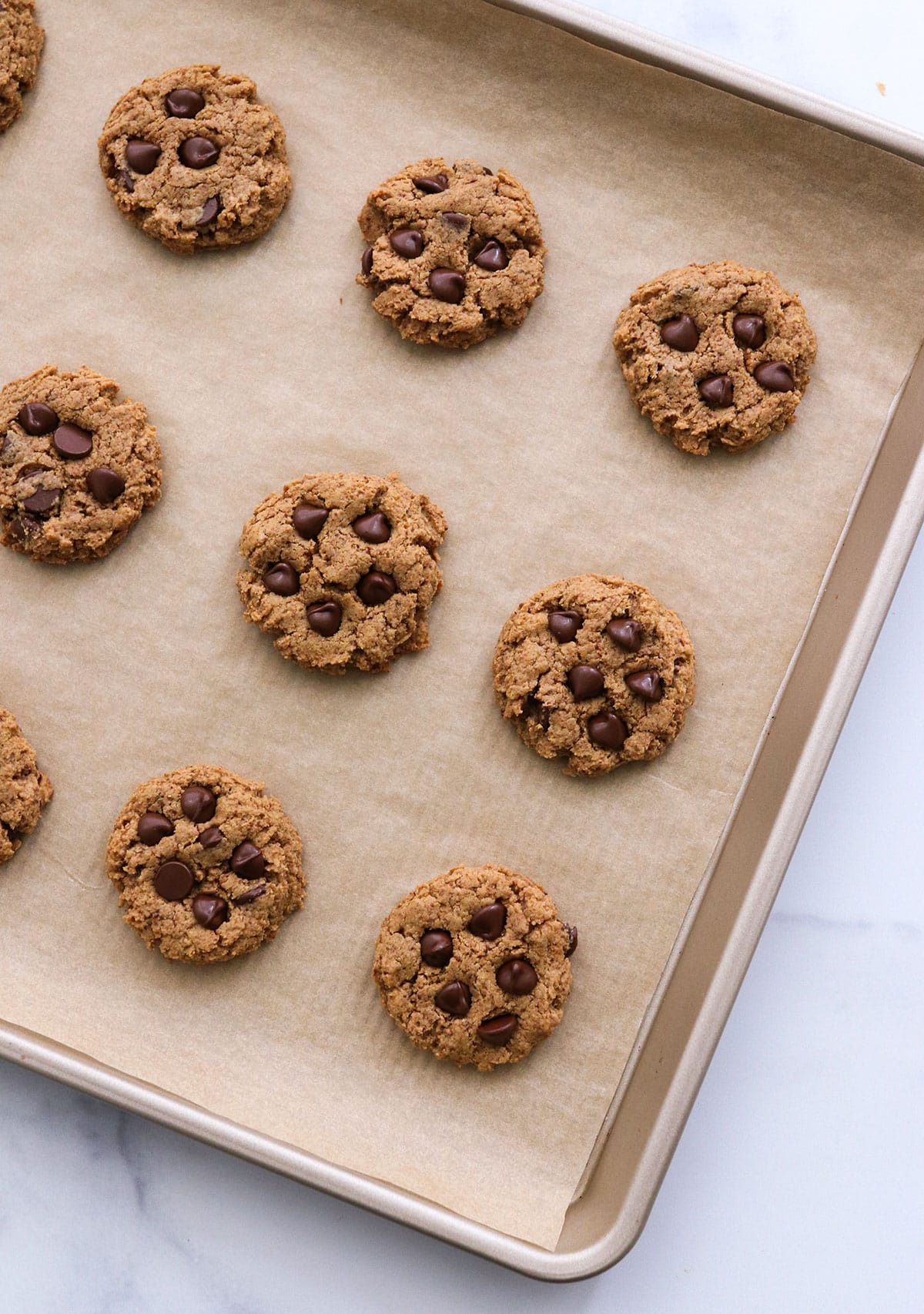 chocolate chip protein cookies baked on a parchment lined pan.