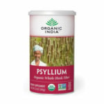 container of psyllium husk on white.