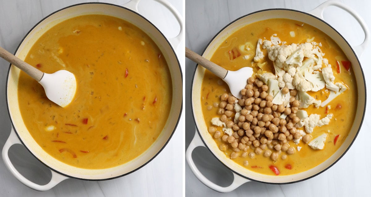 pumpkin sauce in pan with added veggies and chickpeas