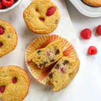 raspberry chocolate muffin cut in half to show texture