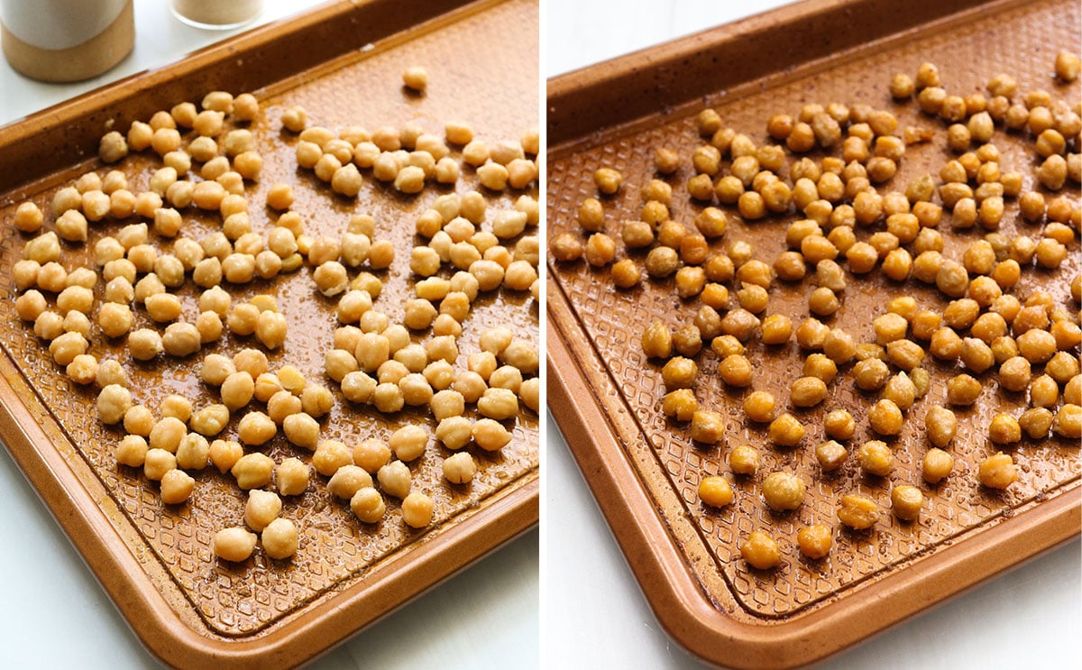 chickpeas before and after roasting on pan.