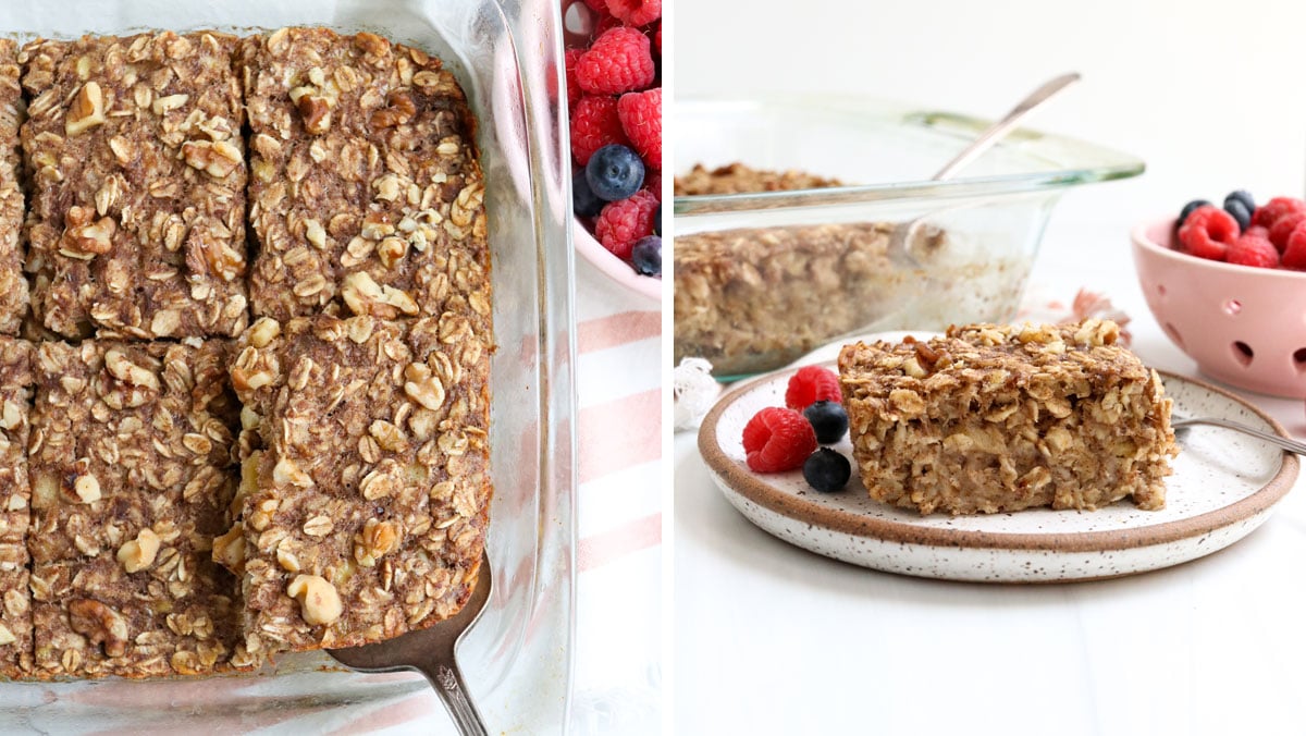 finished baked oatmeal sliced and served on plate.