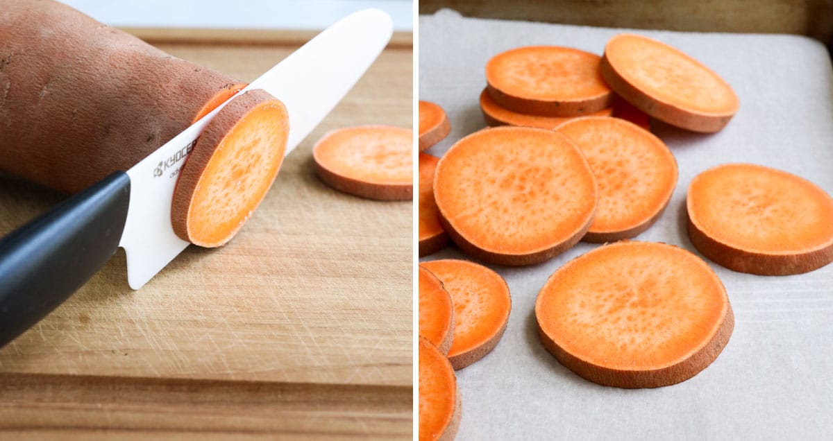 slicing sweet potato into rounds