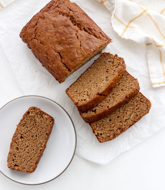 vegan banana bread sliced overhead