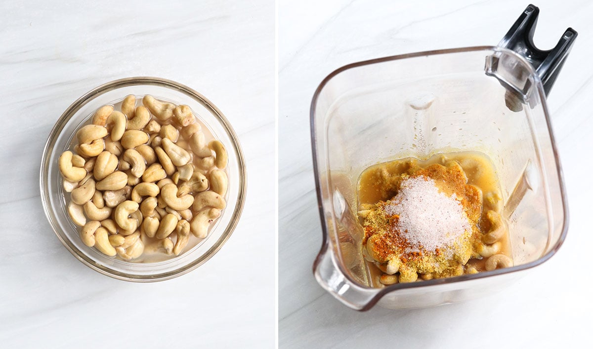 cashews soaked in water and ingredients in blender.