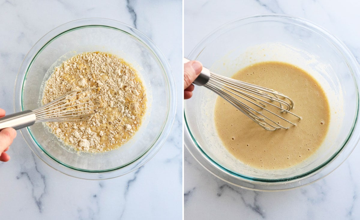 stirring together socca batter with whisk