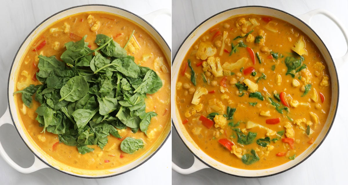 spinach added to pumpkin curry in pan