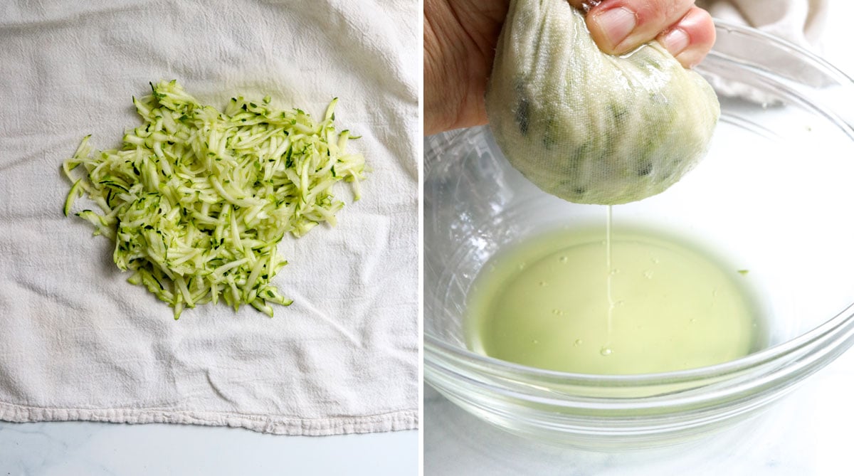 Zucchini shredded in a towel and squeezed to remove moisture.