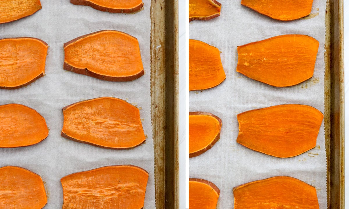 sweet potato slices flipped over on pan