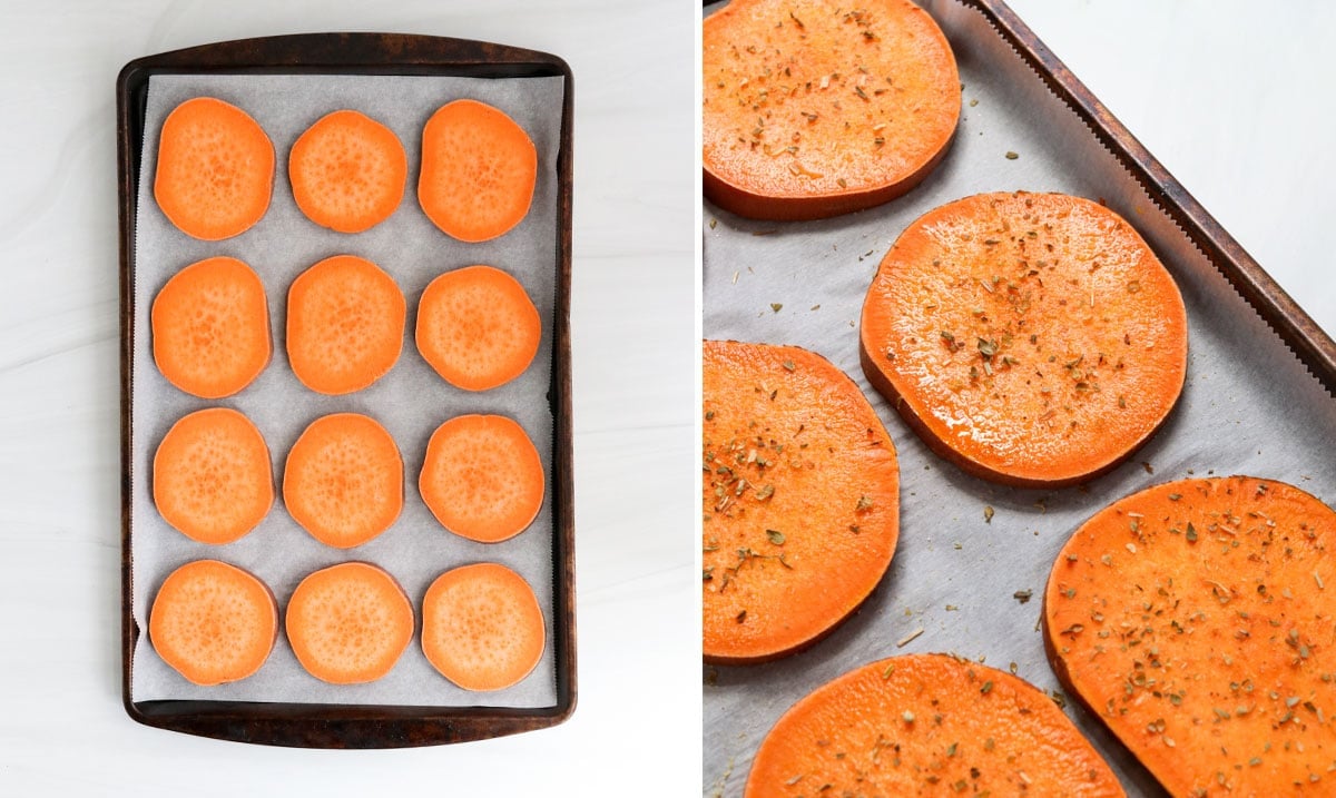 sweet potato slices arranged on the pan.