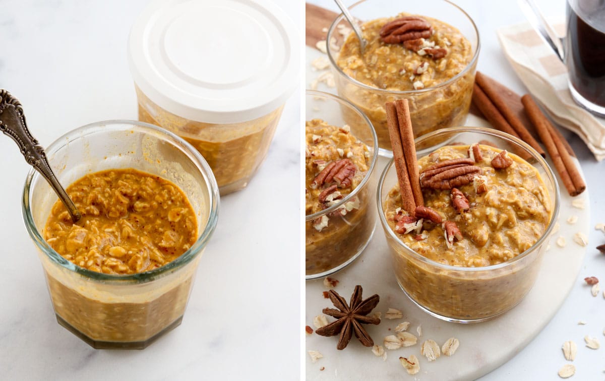 thickened overnight oats in jars and served with pecans and cinnamon sticks