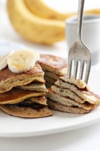 banana egg pancakes stack with fork